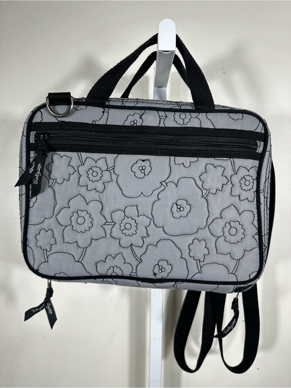 Thirty-One Gray Floral Quilted Travel Organizer Bag Striped Lining